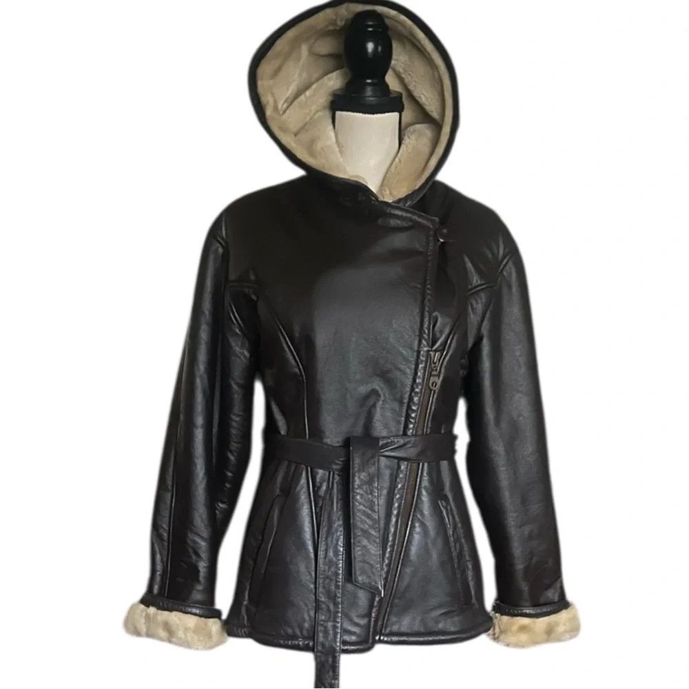 Wilson Leather Hooded Faux Fur Lined Zipper Belted Jacket. Size Small.